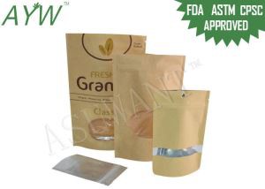 Moisture Proof Stand Up Kraft Bag With Window, Kraft Paper Food Packing Bags With Ziplock
