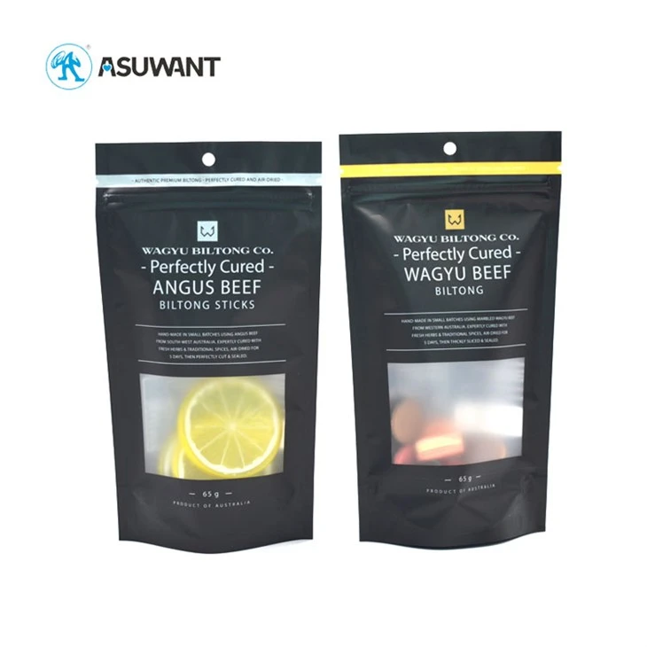 Black Matte Plastic Zipper Food Packaging Stand Up Pouch For Beef Jerky Nuts