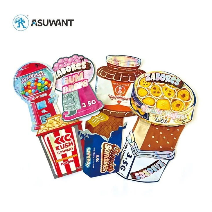 3.5g 7g 14g 28g Custom Printed Hologram Smell Proof Ziplock Special Shape Die Cut Mylar Bags For Candy Gummy