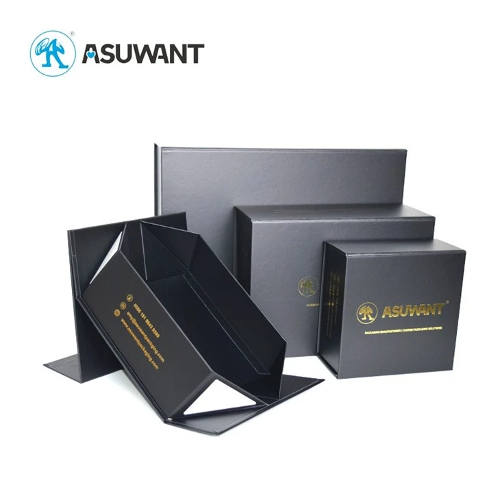 Custom Design Logo Black Small Magnetic Folding Gift Box Luxury Rigid Cardboard Packaging Box Watch Wig Paper Box For Festive